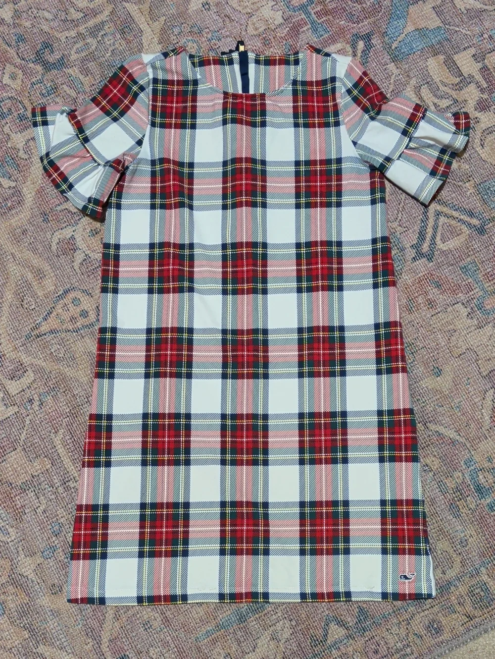 Vineyard Vines Girls' Plaid Shift Dress with Ruffle Sleeves - Red & White